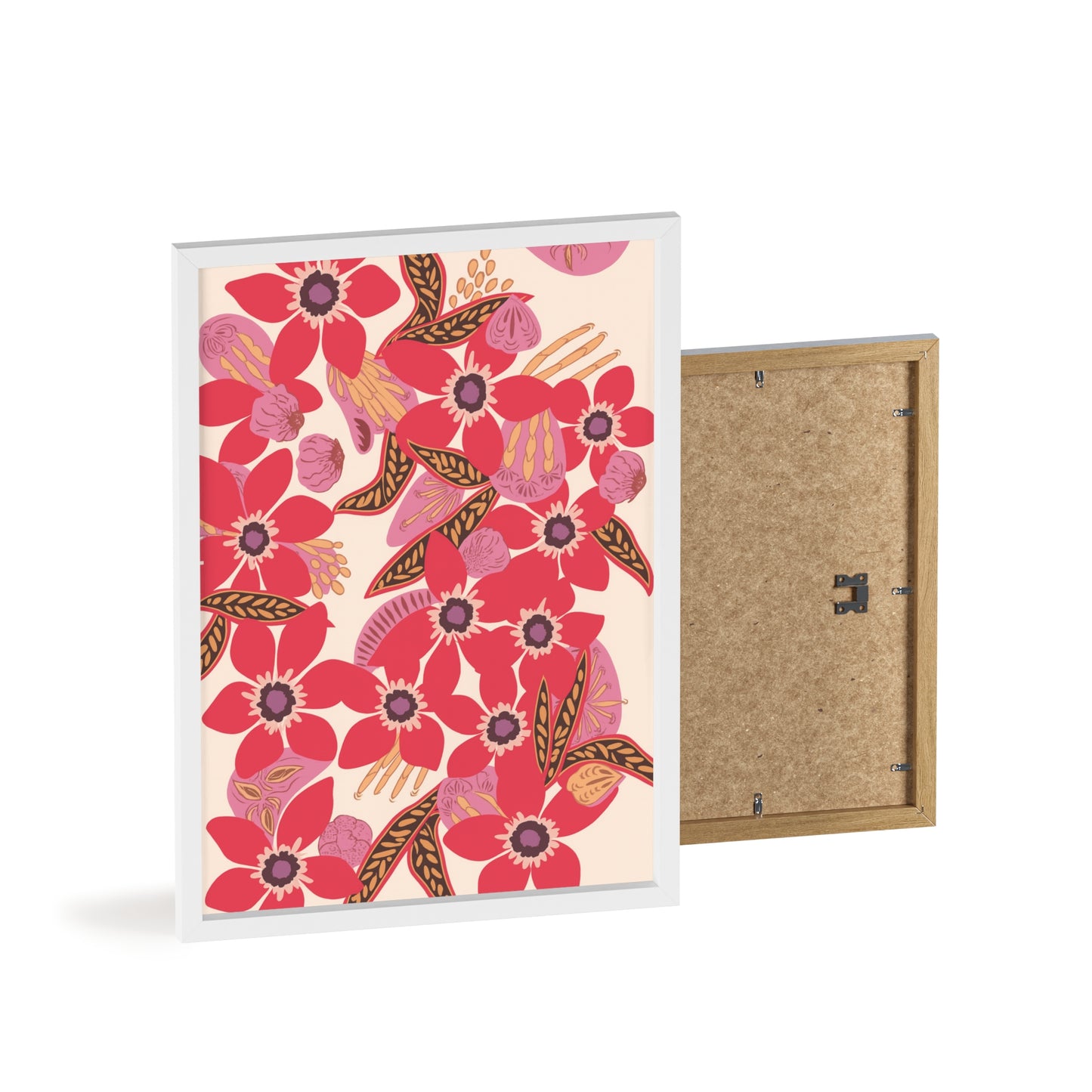 Floral Red Pink Poster with Wooden Frame — Bold Botanical Wall Art