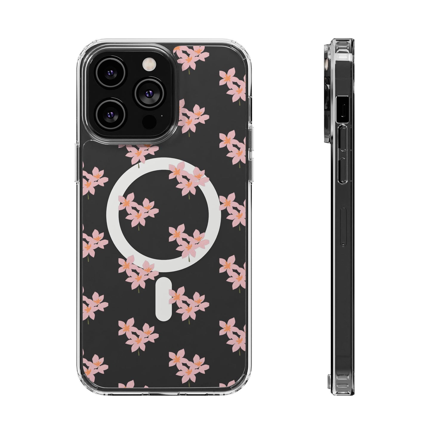 Clear Magnetic Phone Case — Pink Cherry Blossom Floral, Impact-Resistant MagSafe-Compatible