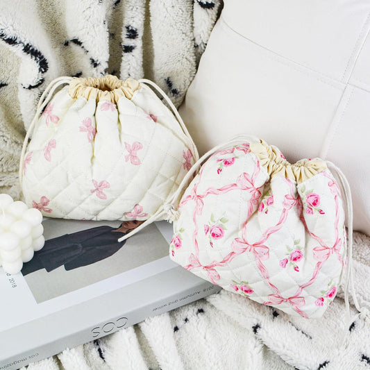 Pink Bows Floral Drawstring Pouch