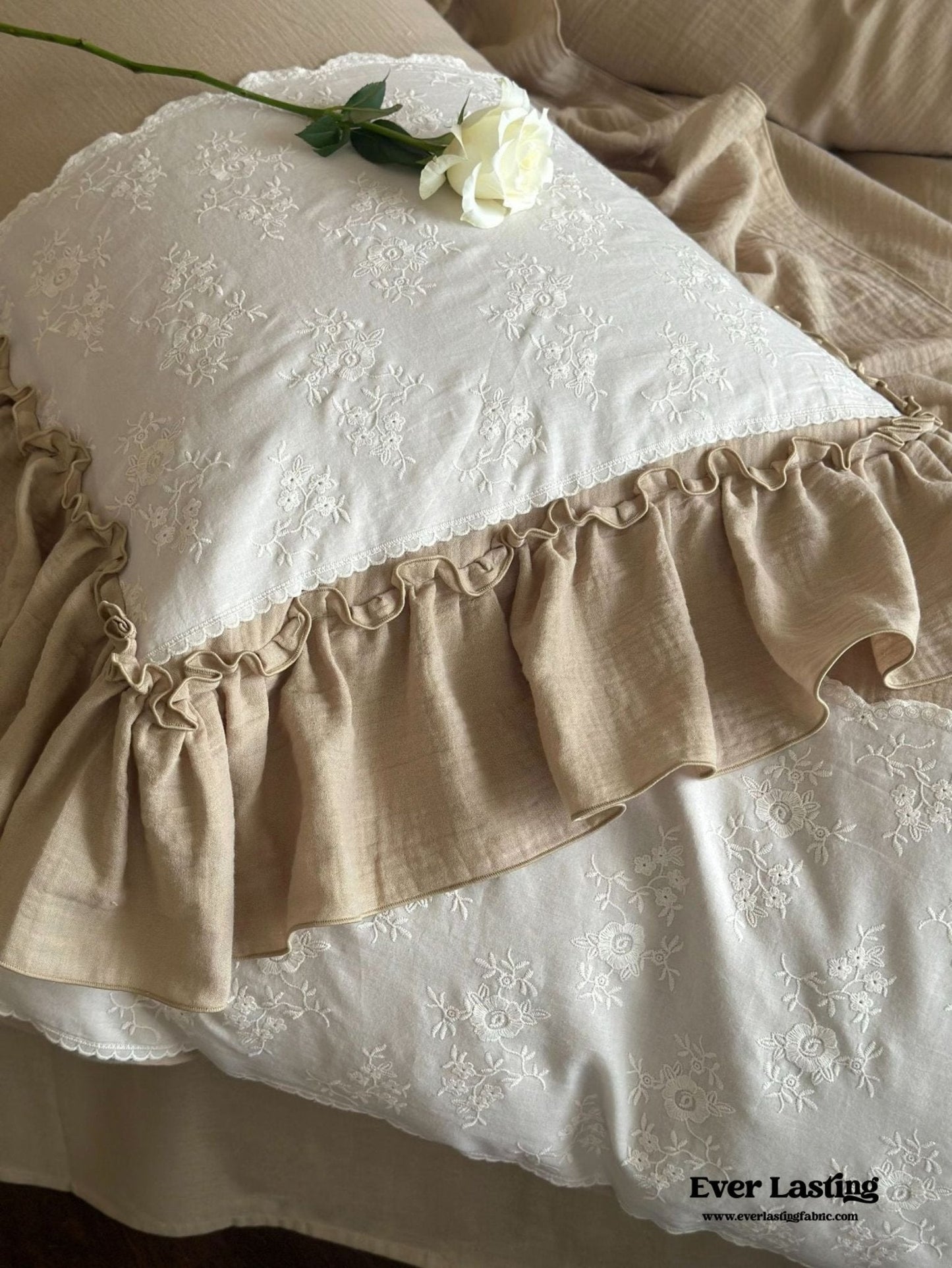 Celeste Soft Lace Embroidered Ruffle Bedding Set / Coffee Brown