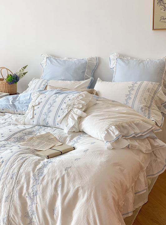 Embroidered French Lace Ruffle Bedding Set / Blue