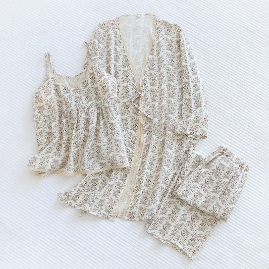 Floral V Tank and Long Pants with Cardigan Cotton Pajama Set / White