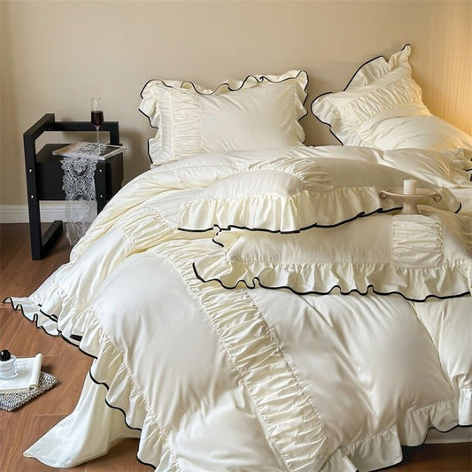 French Pleated Ruffle Bedding Set / Cream