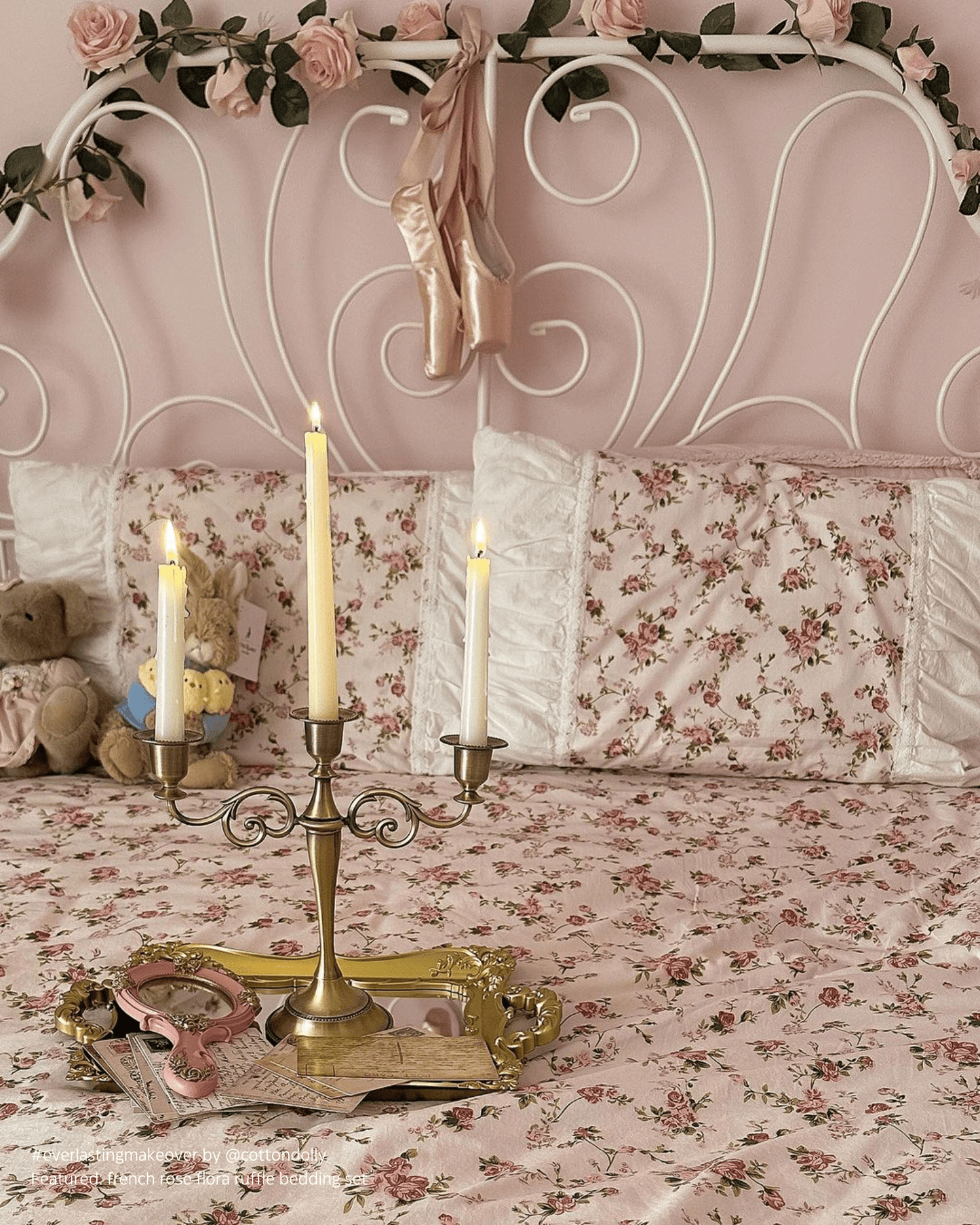 French Rose Floral Ruffle Bedding Set / White