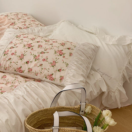 French Rose Floral Ruffle Bedding Set / White