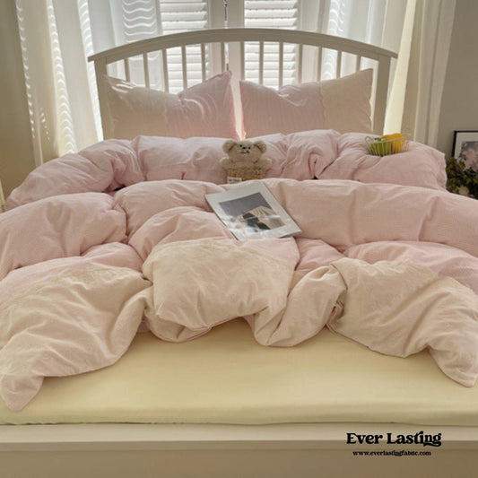 Sophia Gingham Lace Washed Cotton Bedding Set / Pink