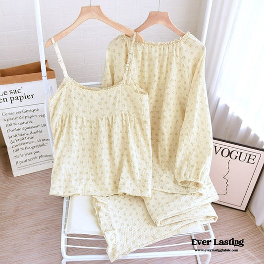 Vintage Floral Tank Cardigan and Long Pants Pajama Set / Yellow