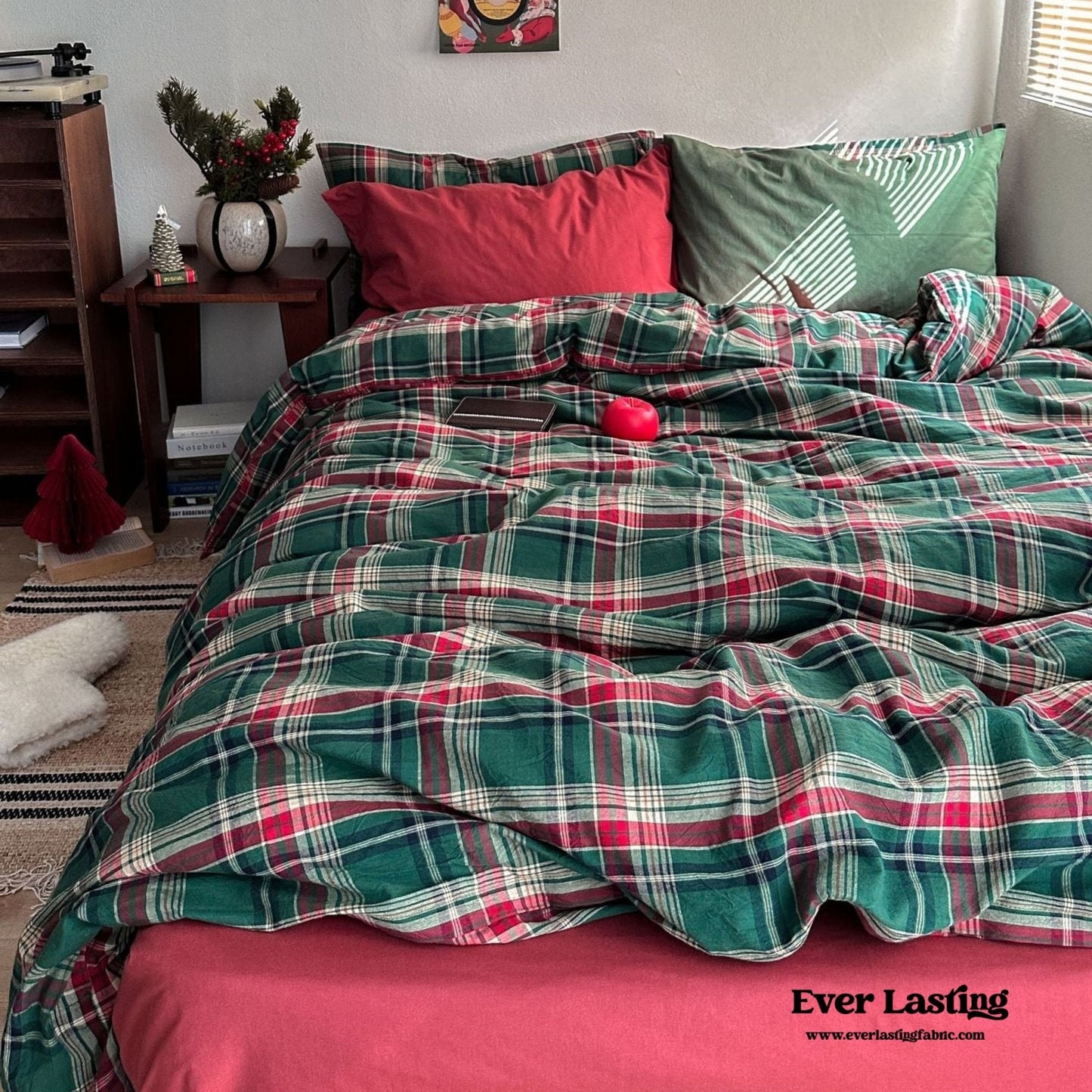Vintage Plaid Bedding Set / Green & Brown