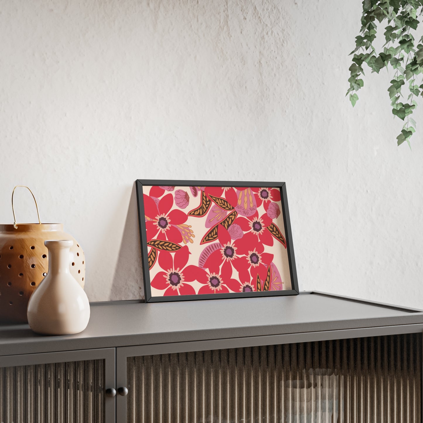 Floral Red Pink Poster with Wooden Frame — Bold Botanical Wall Art