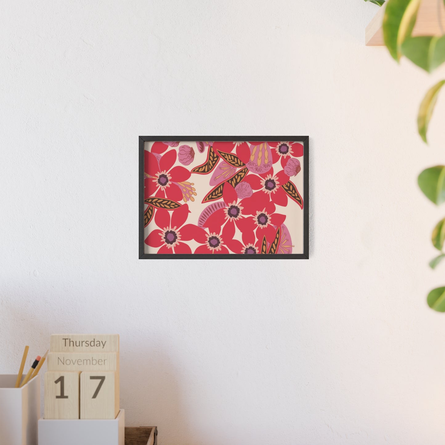 Floral Red Pink Poster with Wooden Frame — Bold Botanical Wall Art