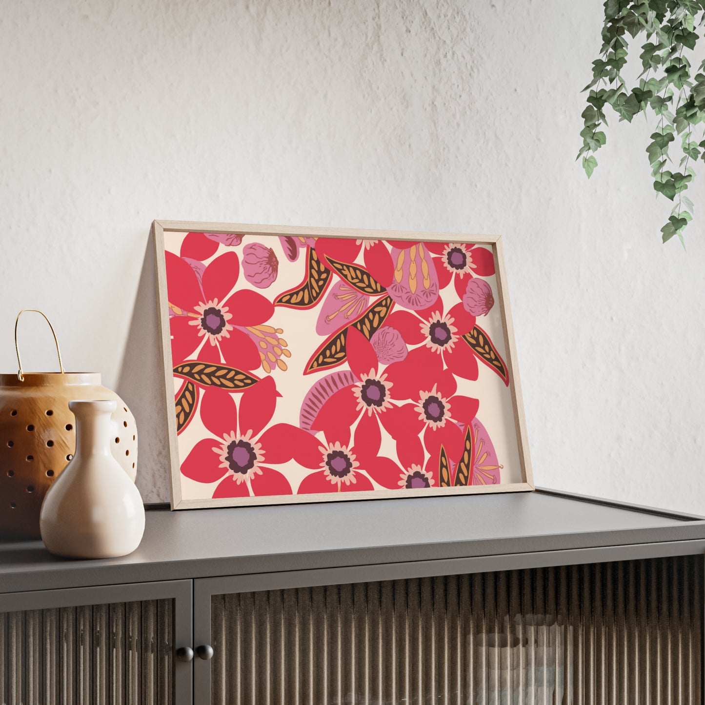 Floral Red Pink Poster with Wooden Frame — Bold Botanical Wall Art