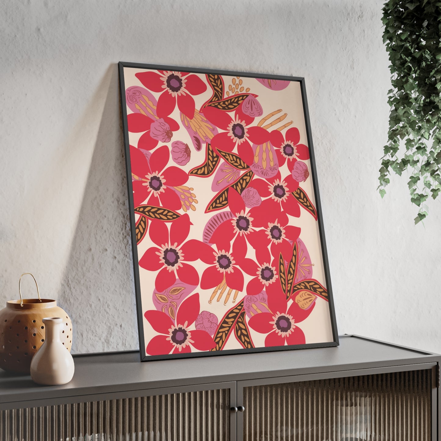 Floral Red Pink Poster with Wooden Frame — Bold Botanical Wall Art