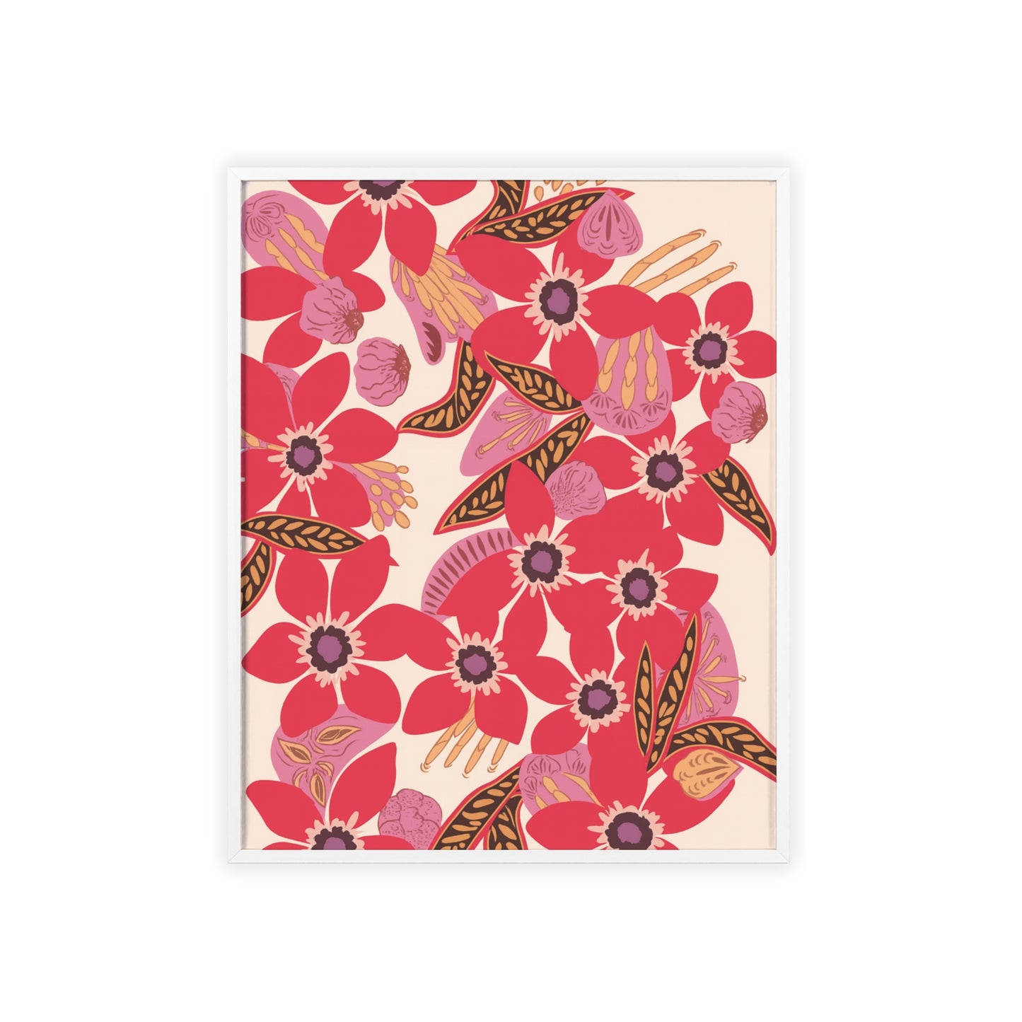 Floral Red Pink Poster with Wooden Frame — Bold Botanical Wall Art