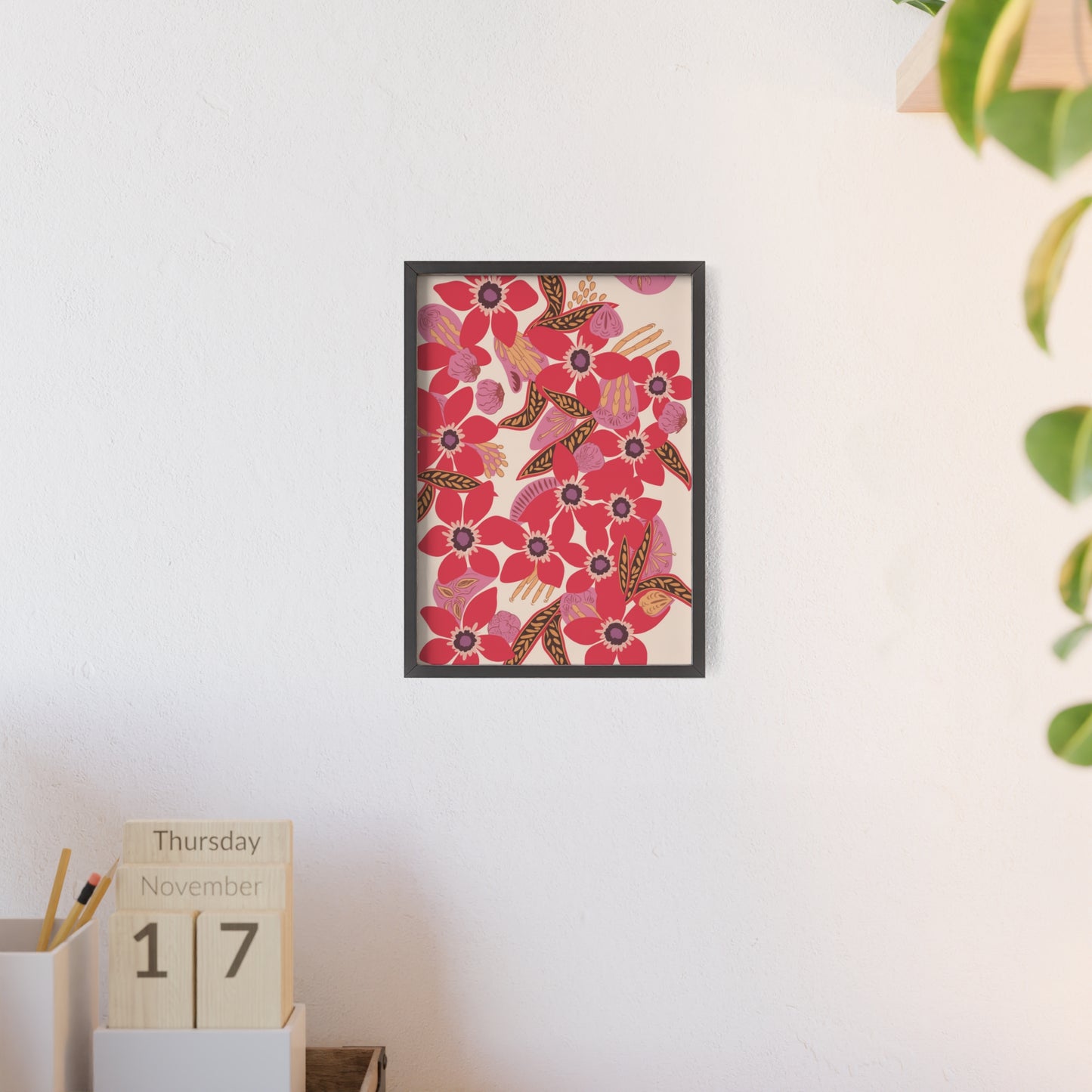 Floral Red Pink Poster with Wooden Frame — Bold Botanical Wall Art