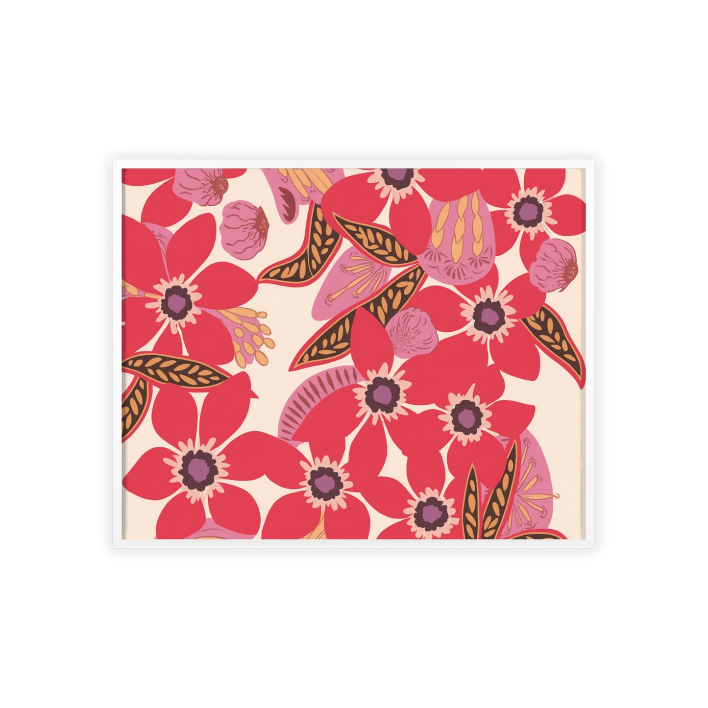 Floral Red Pink Poster with Wooden Frame — Bold Botanical Wall Art