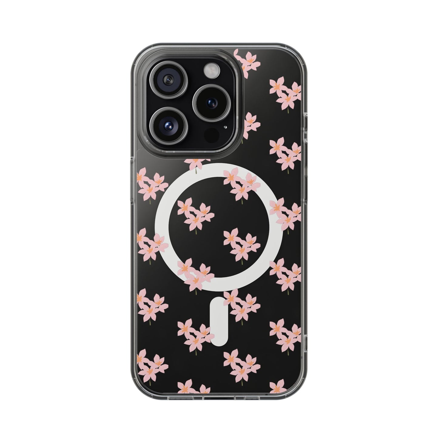 Clear Magnetic Phone Case — Pink Cherry Blossom Floral, Impact-Resistant MagSafe-Compatible
