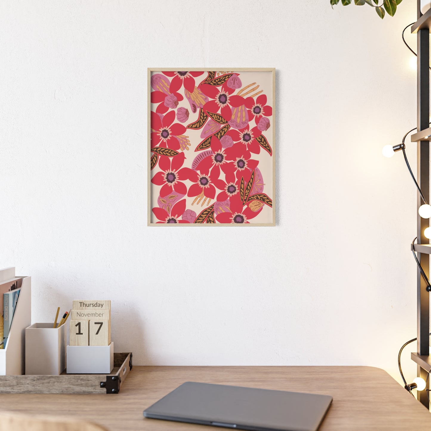 Floral Red Pink Poster with Wooden Frame — Bold Botanical Wall Art