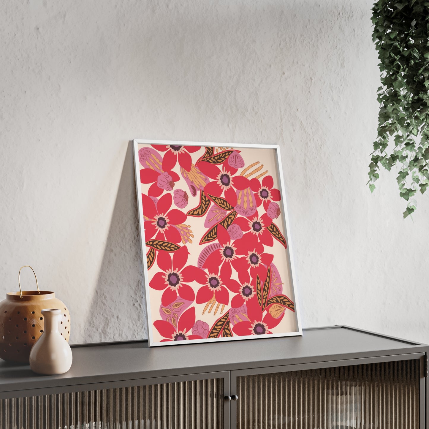 Floral Red Pink Poster with Wooden Frame — Bold Botanical Wall Art