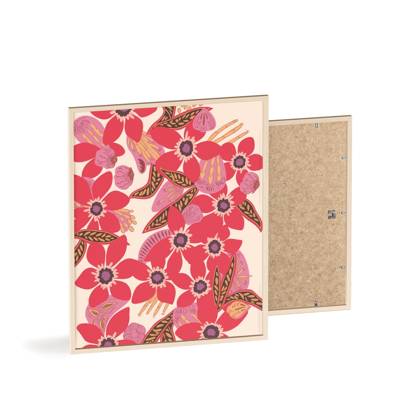Floral Red Pink Poster with Wooden Frame — Bold Botanical Wall Art