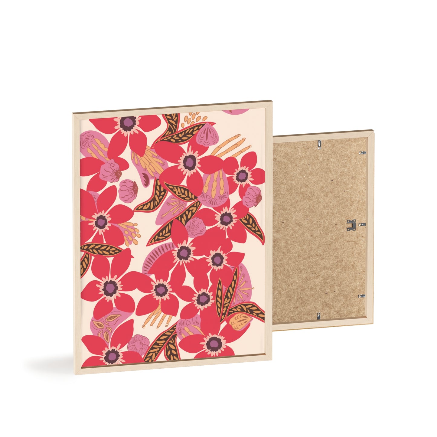 Floral Red Pink Poster with Wooden Frame — Bold Botanical Wall Art