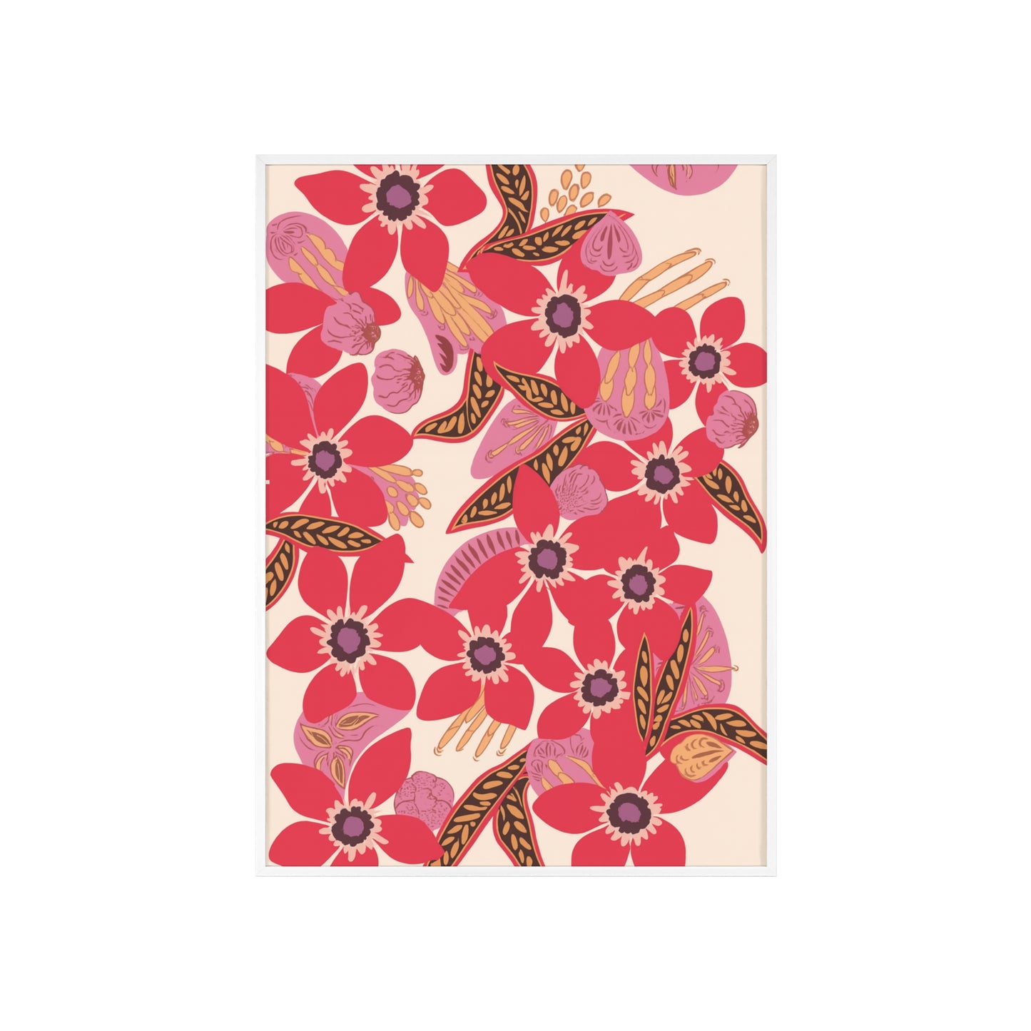 Floral Red Pink Poster with Wooden Frame — Bold Botanical Wall Art