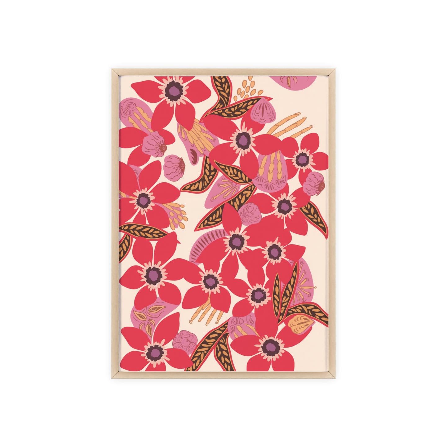 Floral Red Pink Poster with Wooden Frame — Bold Botanical Wall Art