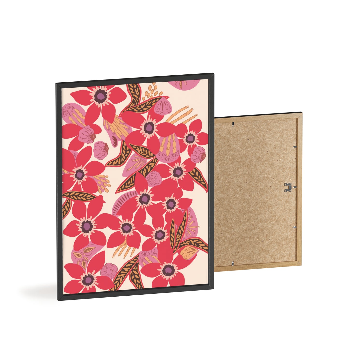 Floral Red Pink Poster with Wooden Frame — Bold Botanical Wall Art