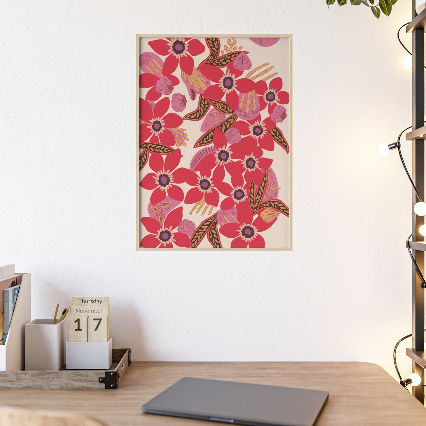 Floral Red Pink Poster with Wooden Frame — Bold Botanical Wall Art