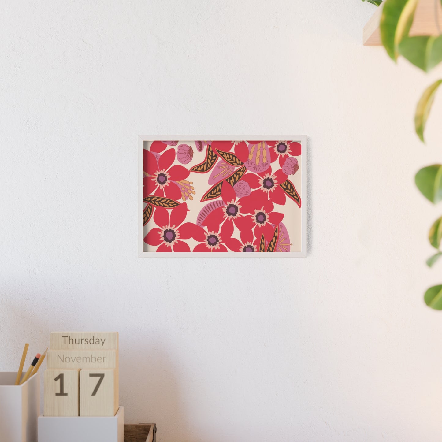 Floral Red Pink Poster with Wooden Frame — Bold Botanical Wall Art