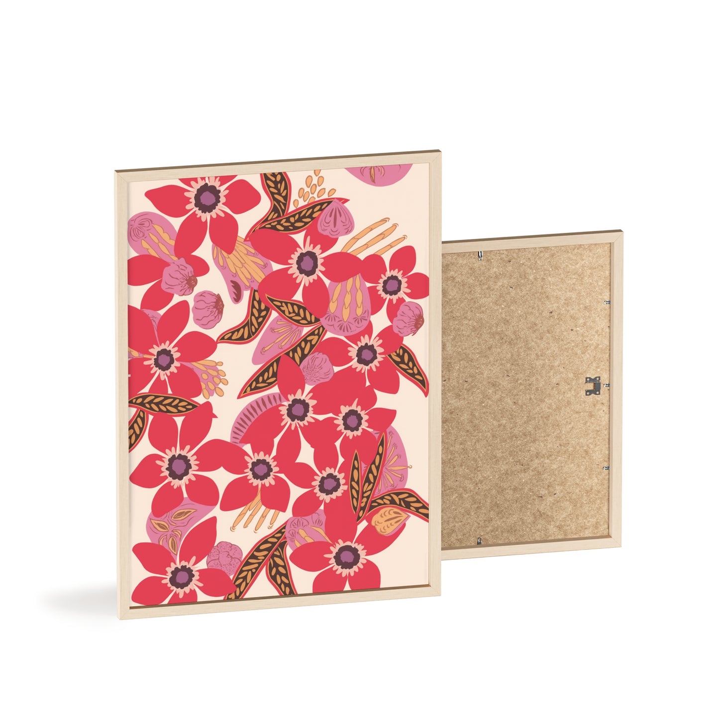 Floral Red Pink Poster with Wooden Frame — Bold Botanical Wall Art