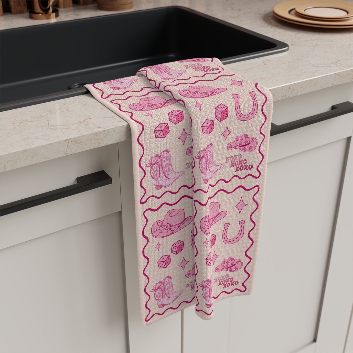 Cowgirl Love Tea Towel — Valentine's Day Cowboy Boot, Hat & Horseshoe Kitchen Towel
