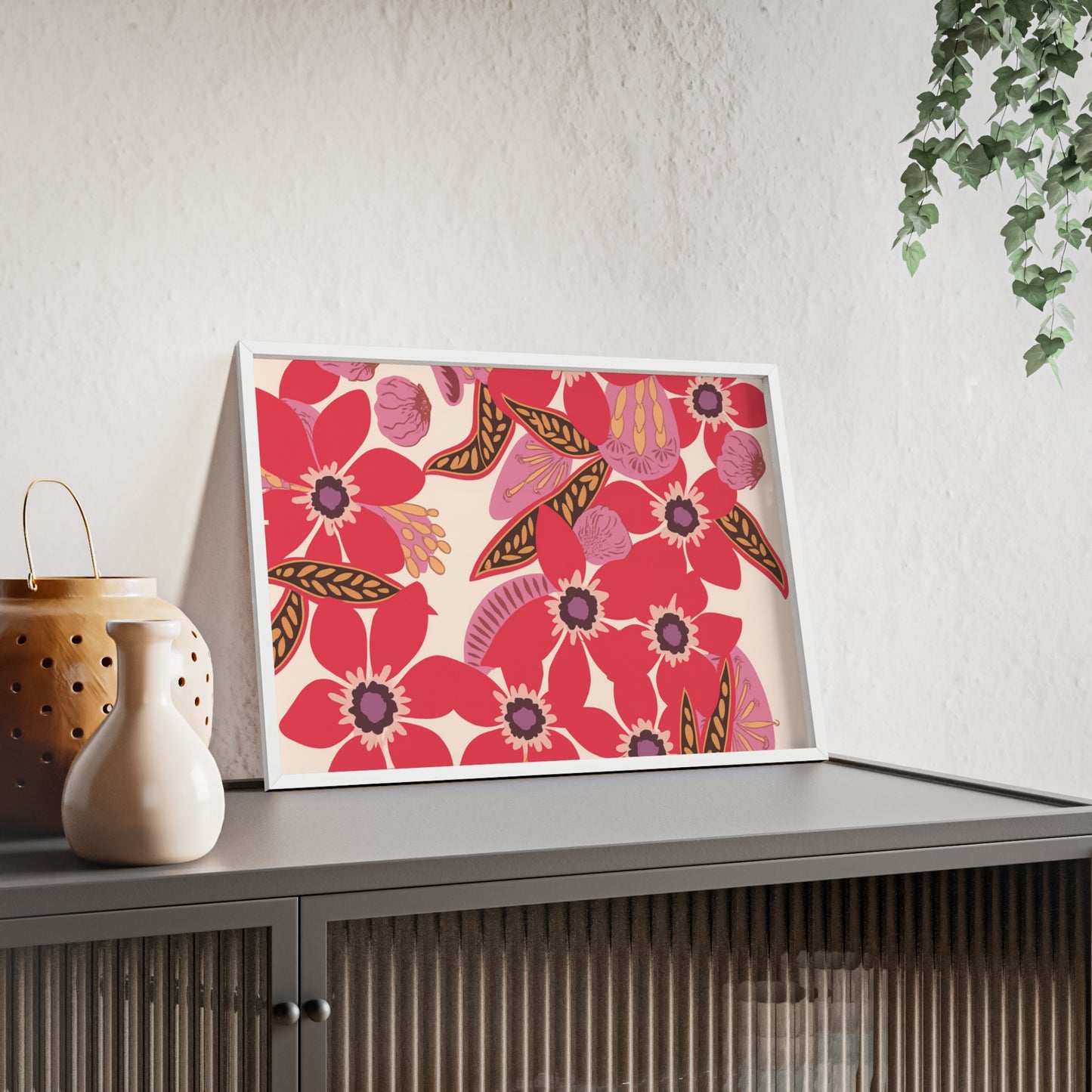 Floral Red Pink Poster with Wooden Frame — Bold Botanical Wall Art