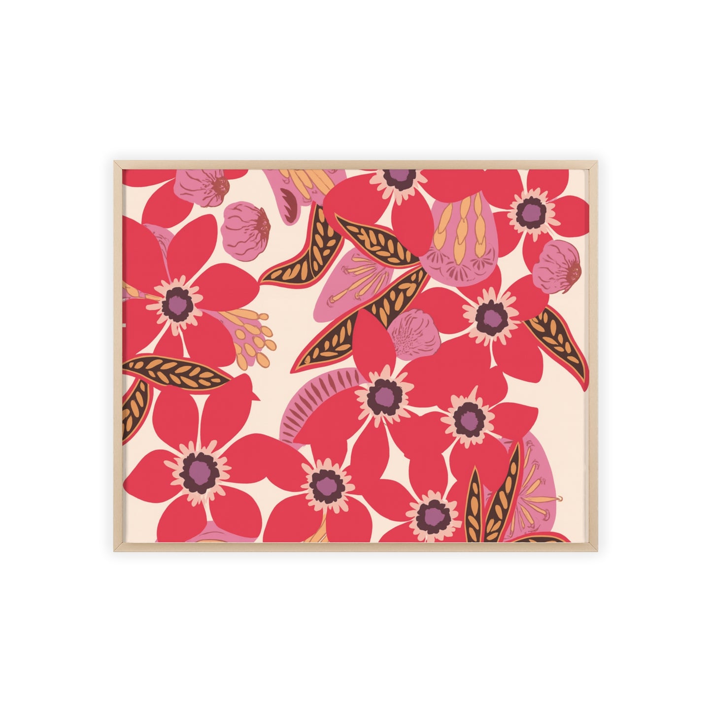 Floral Red Pink Poster with Wooden Frame — Bold Botanical Wall Art