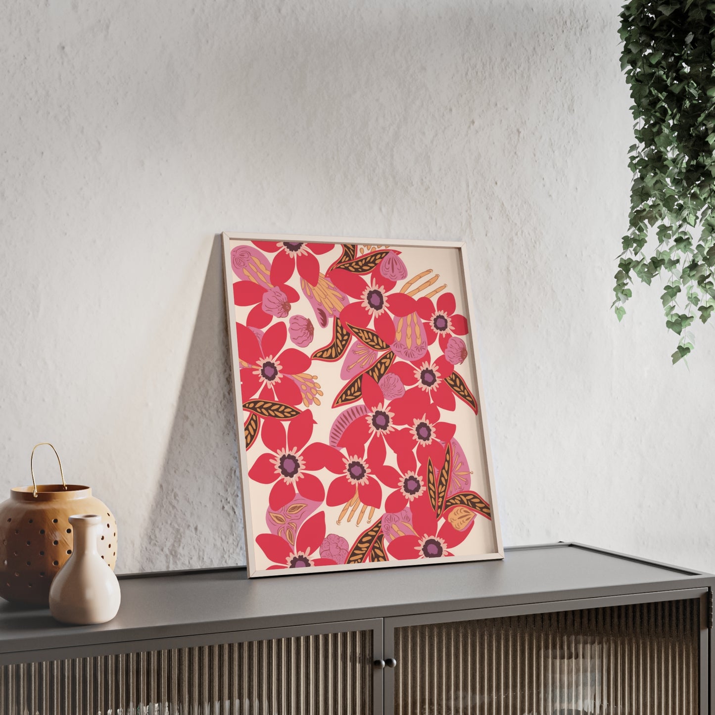 Floral Red Pink Poster with Wooden Frame — Bold Botanical Wall Art