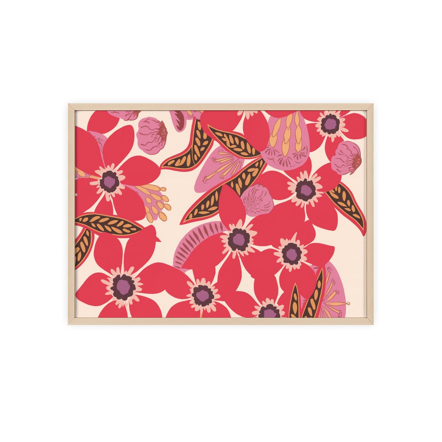 Floral Red Pink Poster with Wooden Frame — Bold Botanical Wall Art