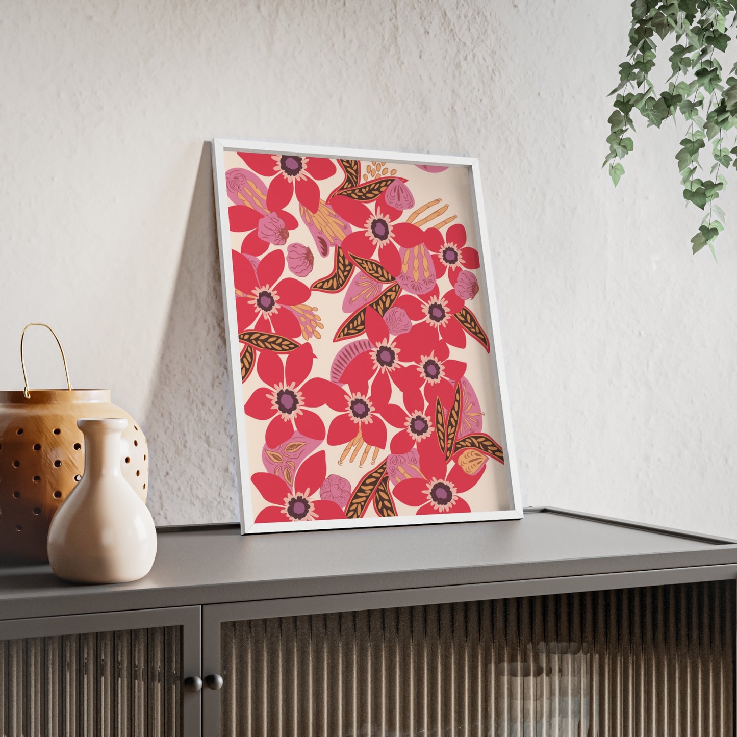 Floral Red Pink Poster with Wooden Frame — Bold Botanical Wall Art