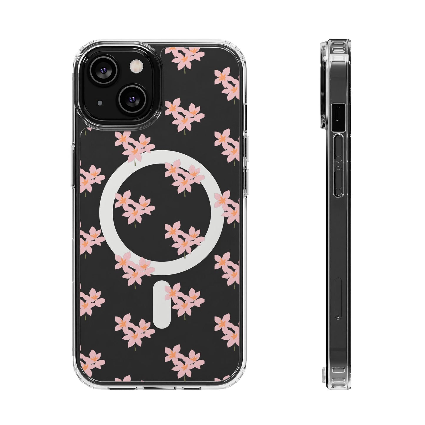 Clear Magnetic Phone Case — Pink Cherry Blossom Floral, Impact-Resistant MagSafe-Compatible