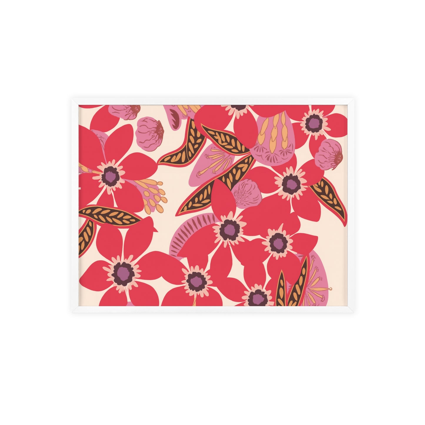 Floral Red Pink Poster with Wooden Frame — Bold Botanical Wall Art