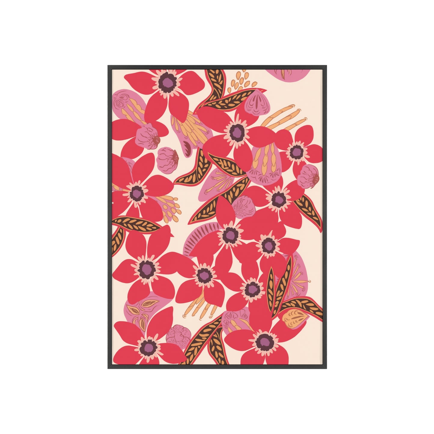 Floral Red Pink Poster with Wooden Frame — Bold Botanical Wall Art