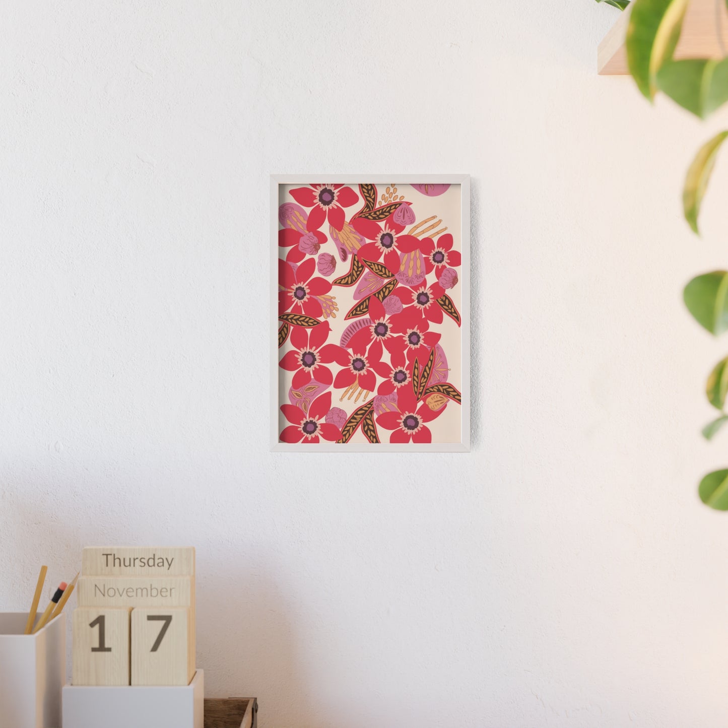 Floral Red Pink Poster with Wooden Frame — Bold Botanical Wall Art