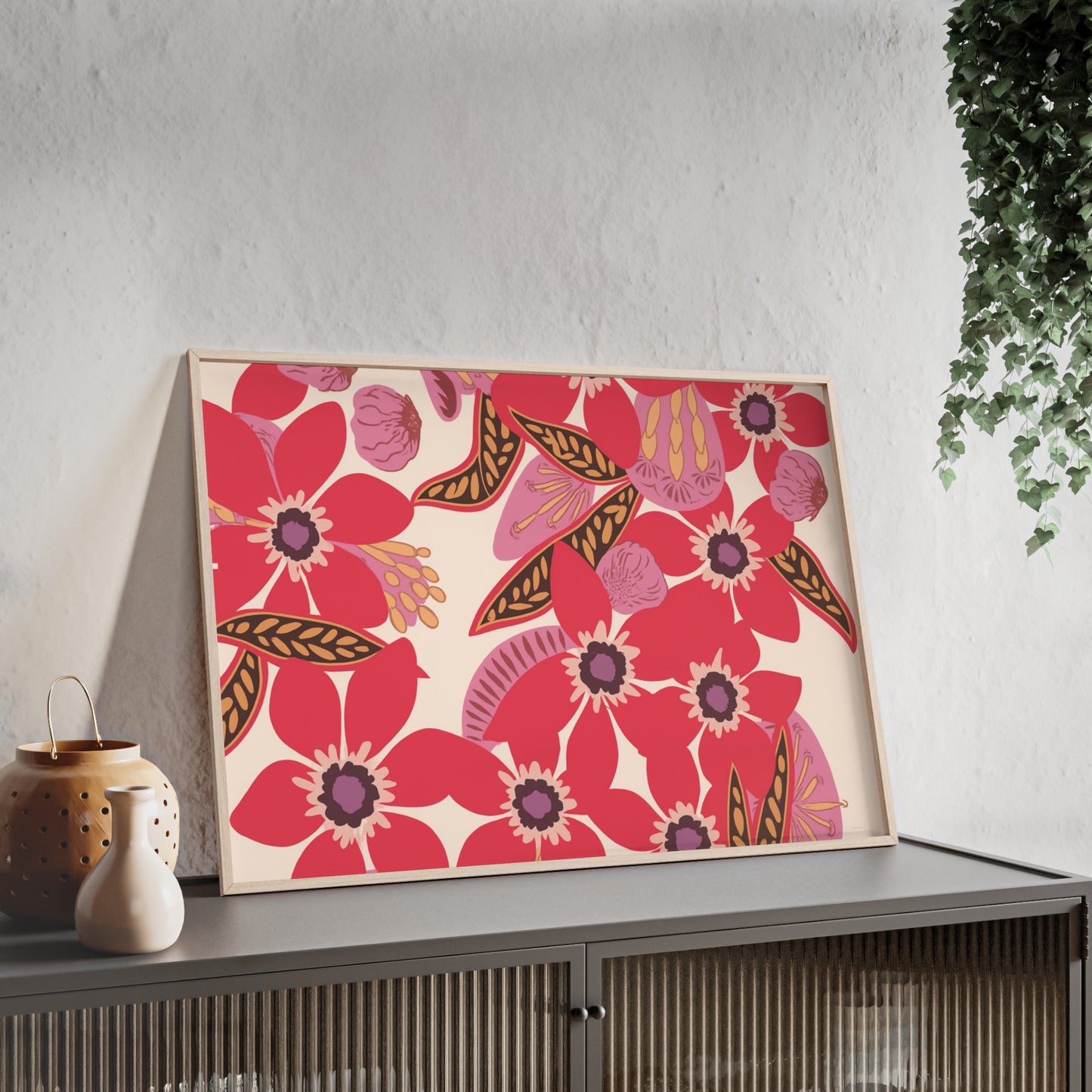 Floral Red Pink Poster with Wooden Frame — Bold Botanical Wall Art