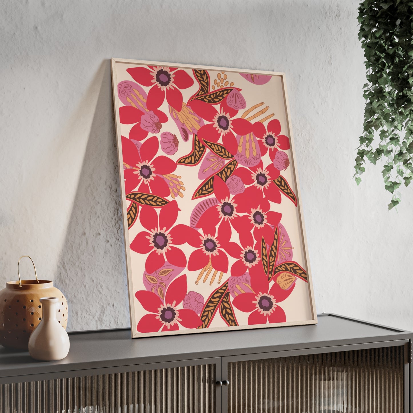 Floral Red Pink Poster with Wooden Frame — Bold Botanical Wall Art