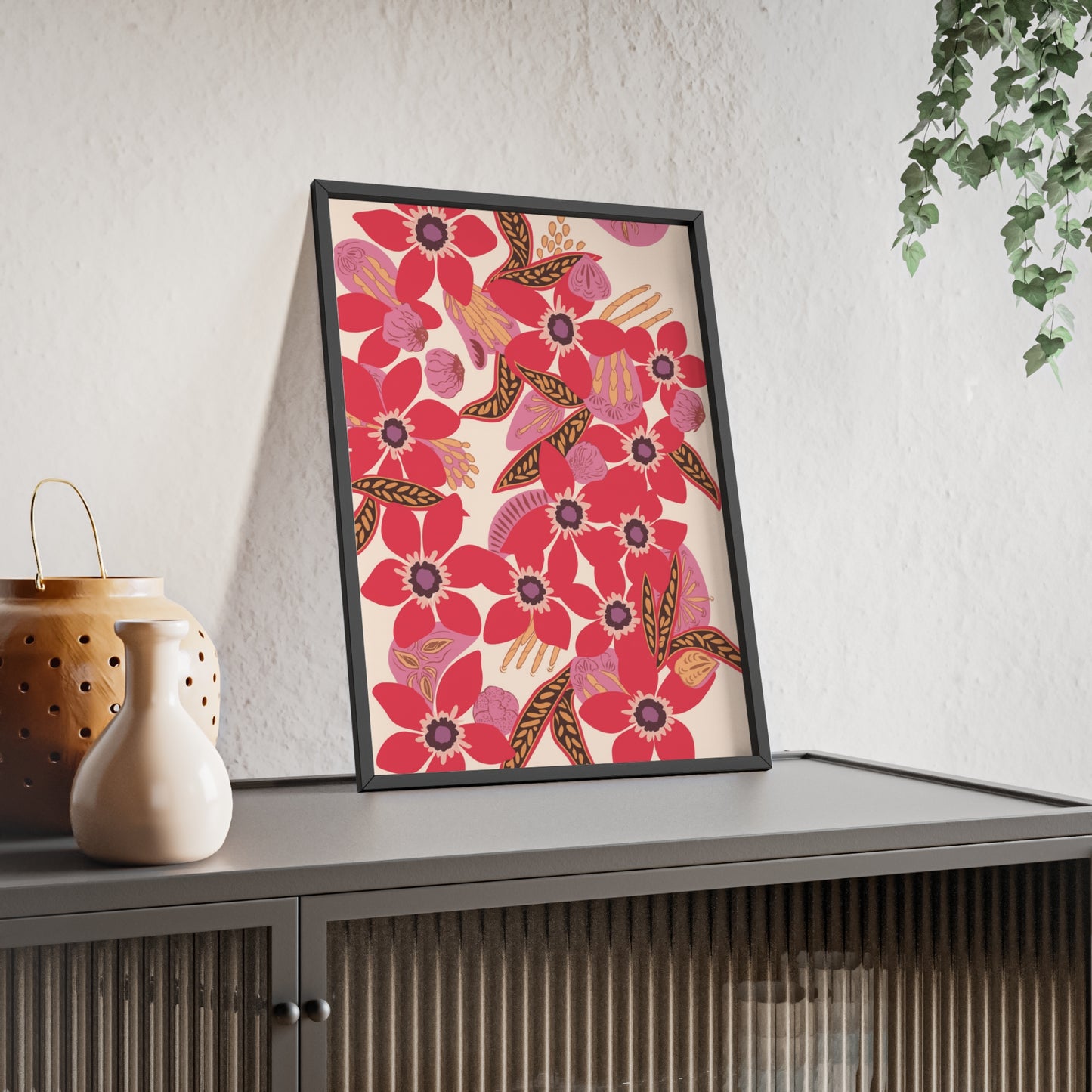 Floral Red Pink Poster with Wooden Frame — Bold Botanical Wall Art