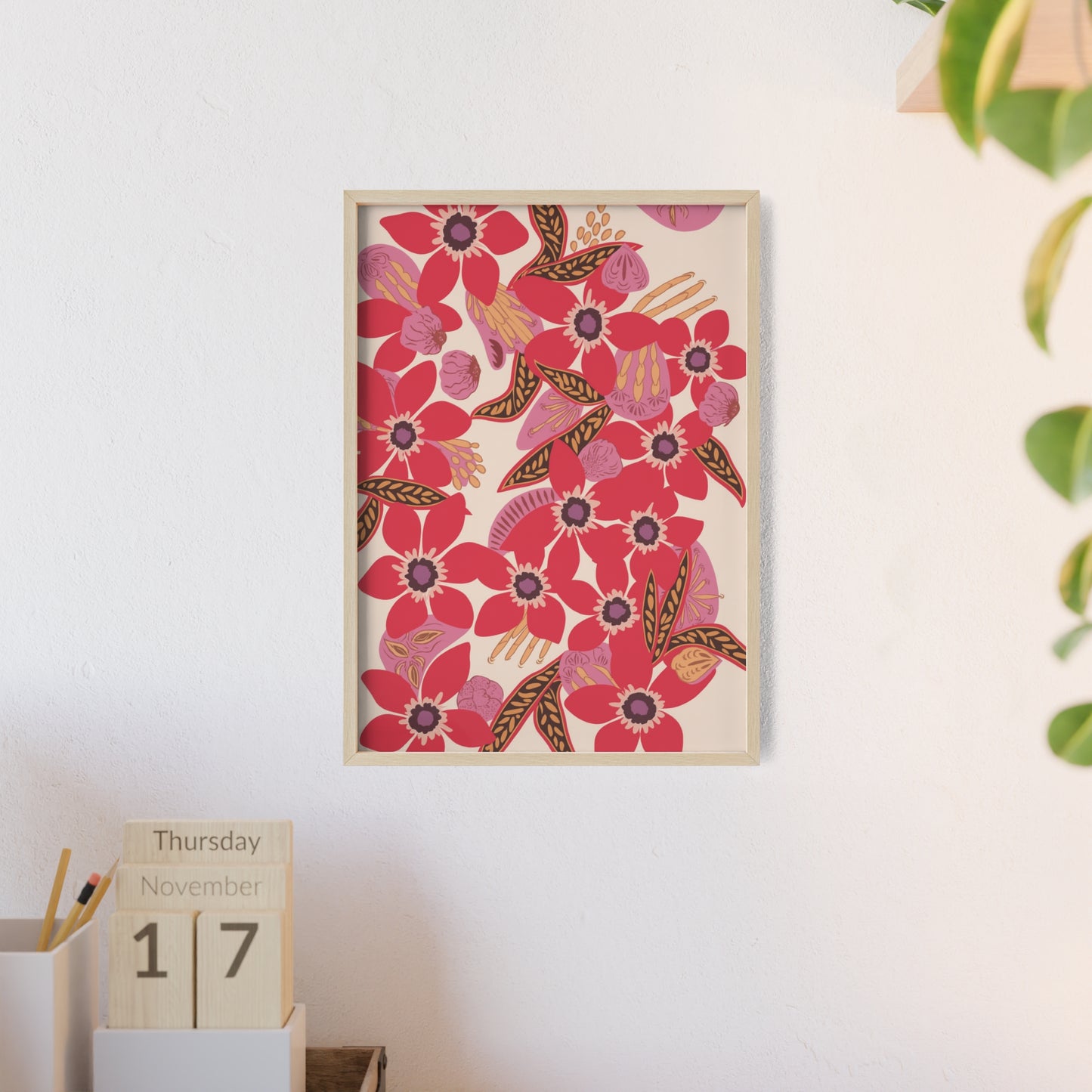 Floral Red Pink Poster with Wooden Frame — Bold Botanical Wall Art