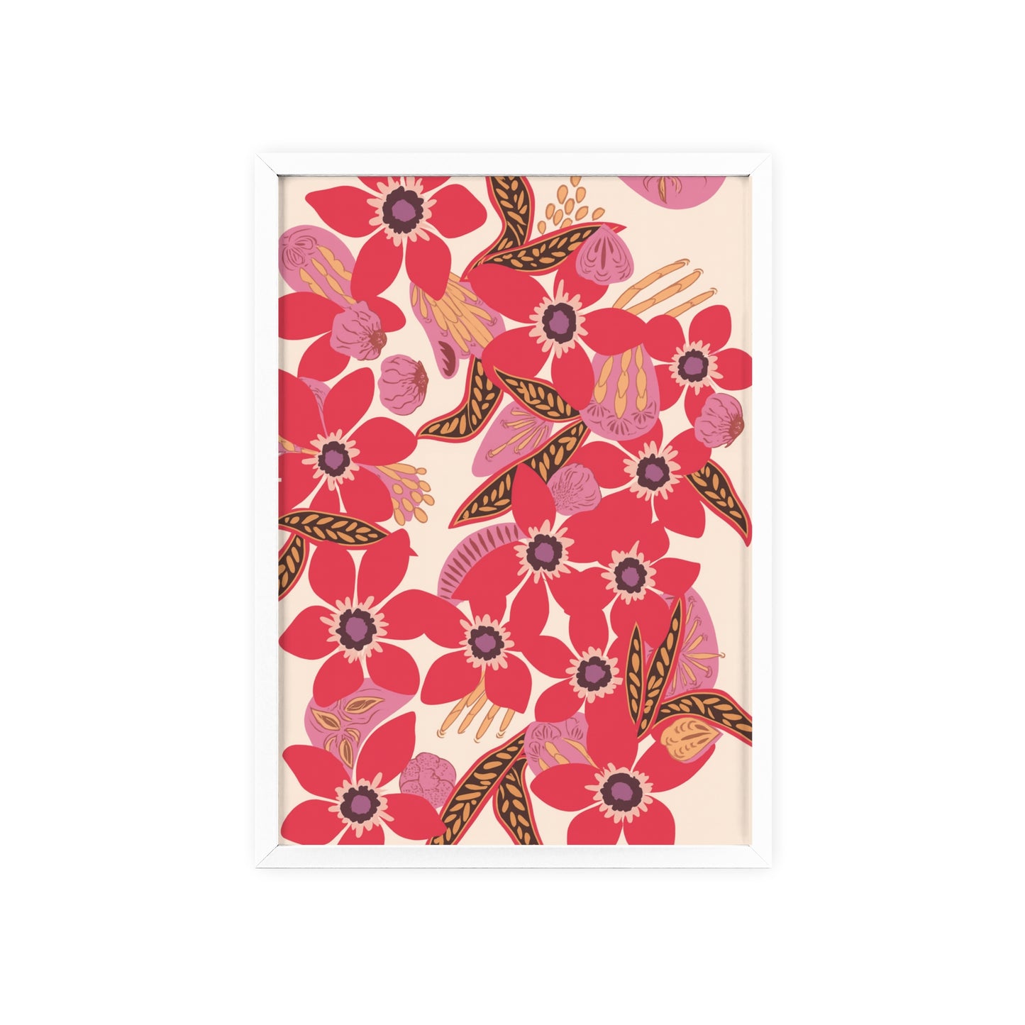 Floral Red Pink Poster with Wooden Frame — Bold Botanical Wall Art