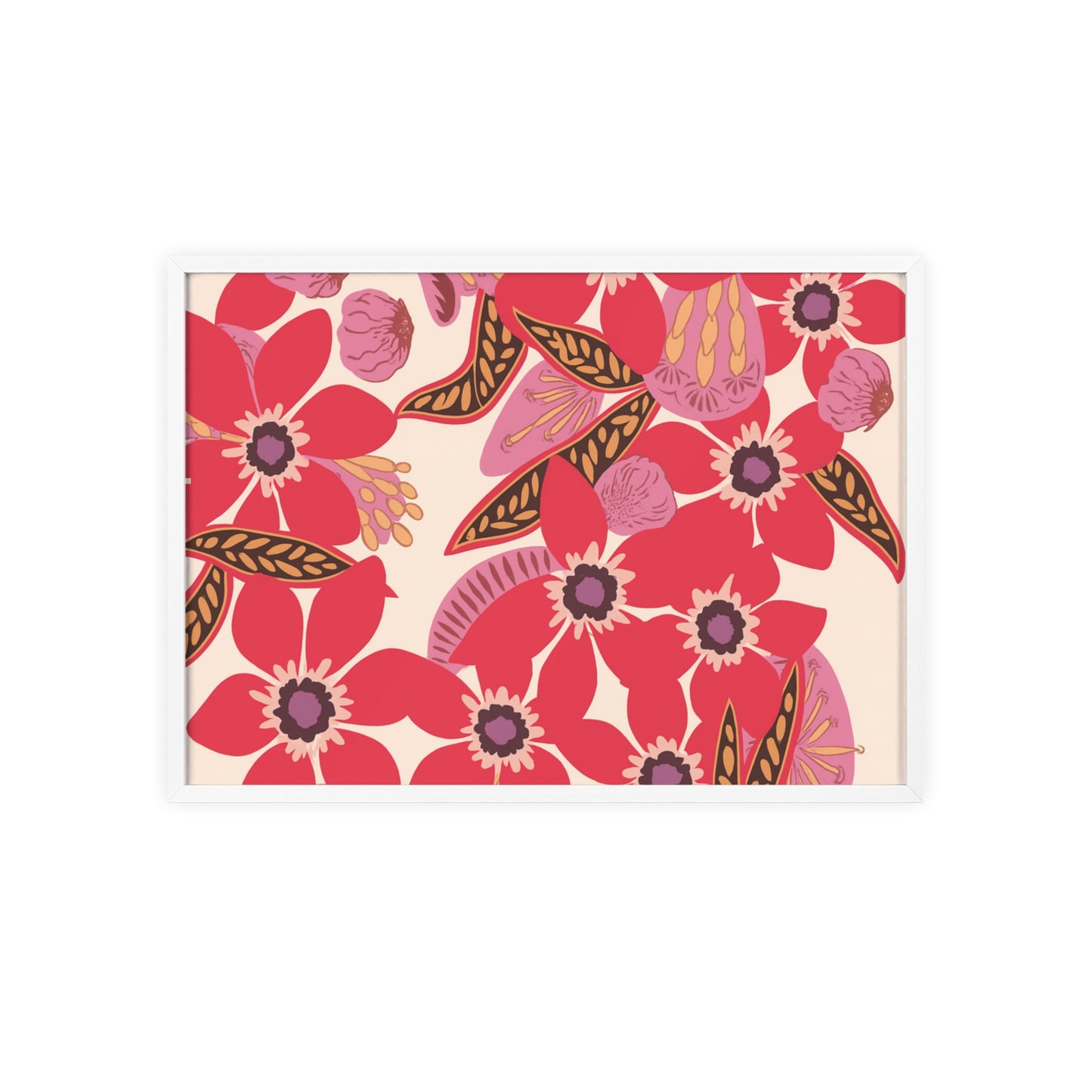 Floral Red Pink Poster with Wooden Frame — Bold Botanical Wall Art
