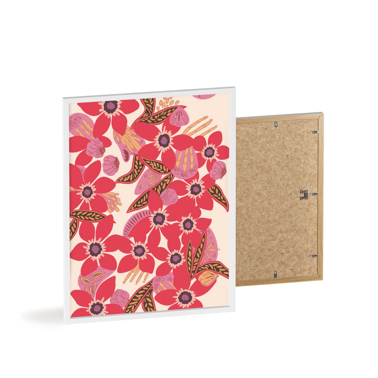 Floral Red Pink Poster with Wooden Frame — Bold Botanical Wall Art