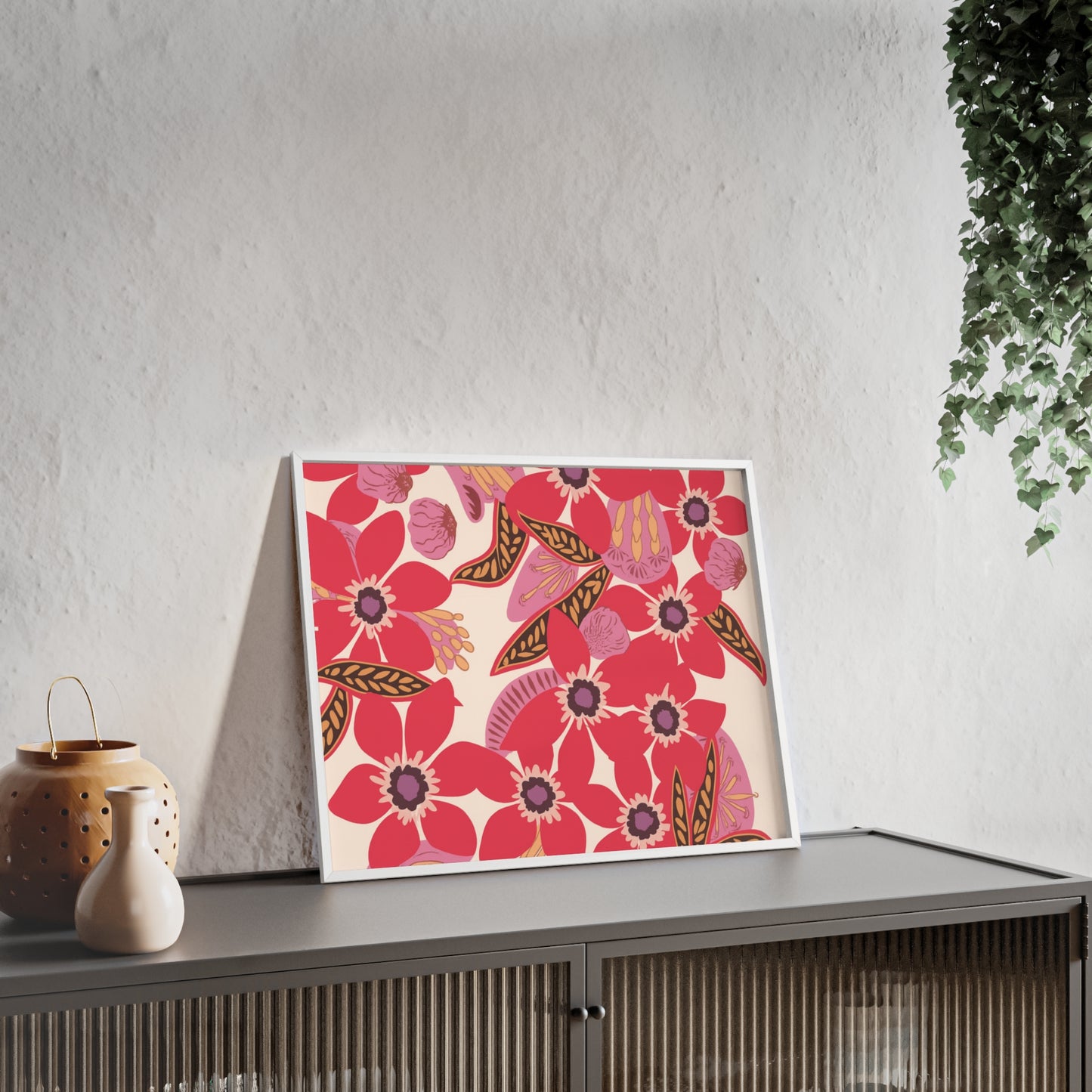 Floral Red Pink Poster with Wooden Frame — Bold Botanical Wall Art