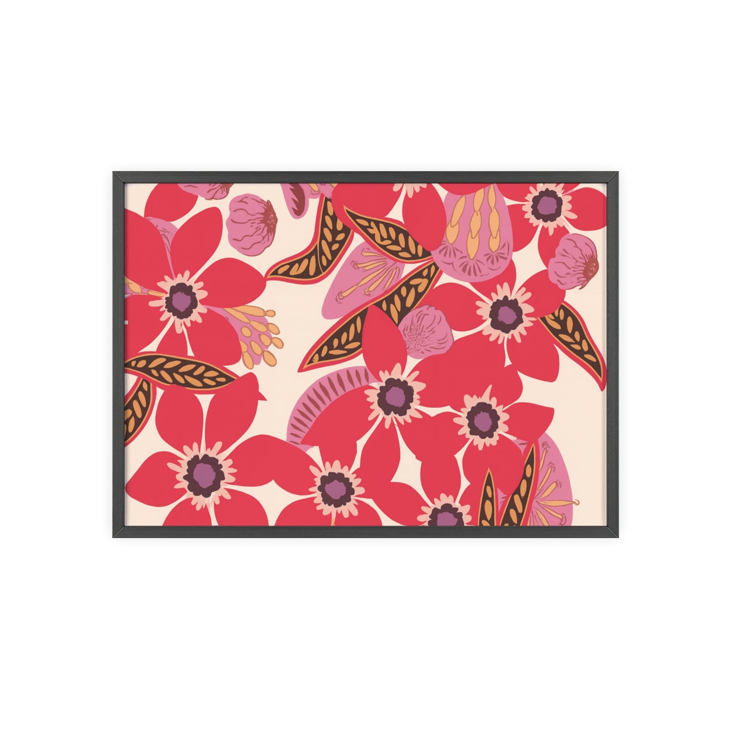 Floral Red Pink Poster with Wooden Frame — Bold Botanical Wall Art