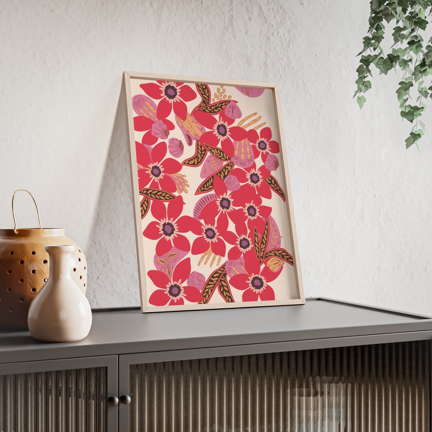 Floral Red Pink Poster with Wooden Frame — Bold Botanical Wall Art
